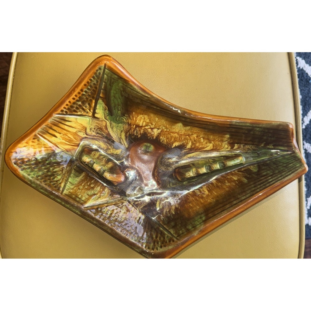 VTG Atomic Cali E-35 Ashtray MCM Brown Green Orange Drip Glazed MCM 12x9 USA 60s